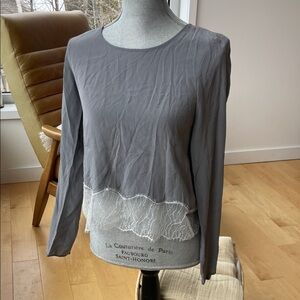 Wilfred Gray Lace Trim Blouse 100% Silk